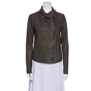 Vince Leather Scuba Moto Jacket Womens Small Brown Asymmetrical Zip Ribbed Knit